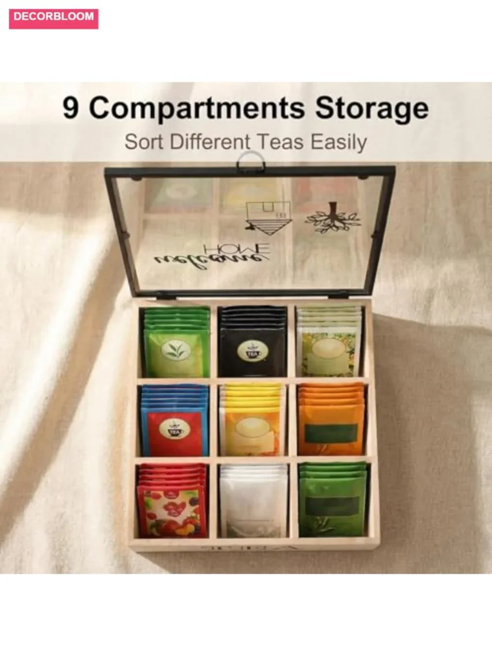 Wood Tea Box Organizer with 9 Compartments & Clear Acrylic Top Window